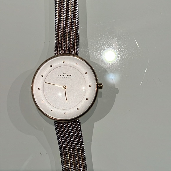 - Skagen Denmark Two Toned Silvertone and Goldtone Large White Faced Watch - Picture 3 of 5